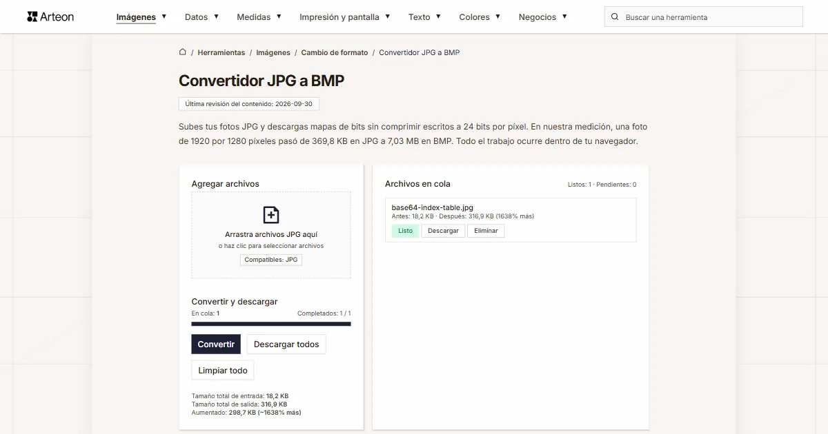 Captura de pantalla de la herramienta gratuita de Arteon: Convertidor JPG a BMP