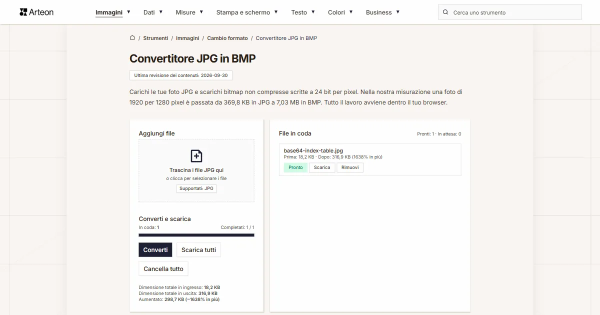 Screenshot dello strumento gratuito Arteon: Convertitore JPG in BMP