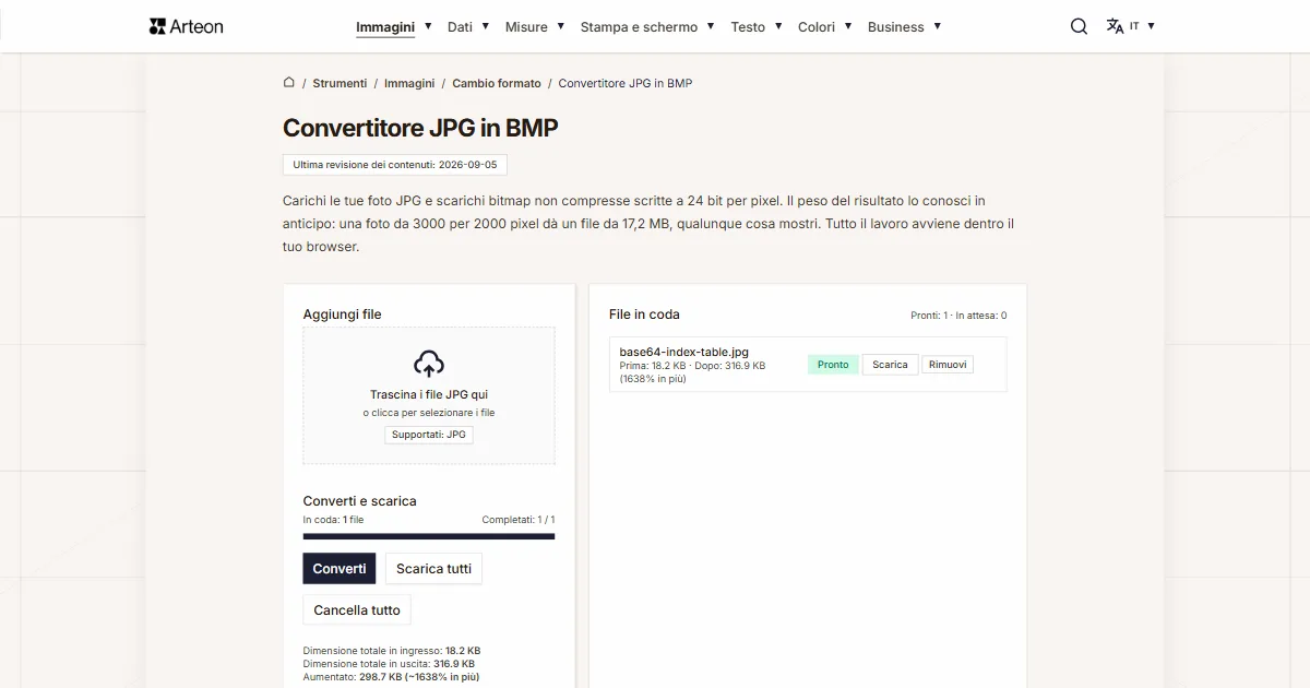 Screenshot dello strumento gratuito Arteon: Convertitore JPG in BMP