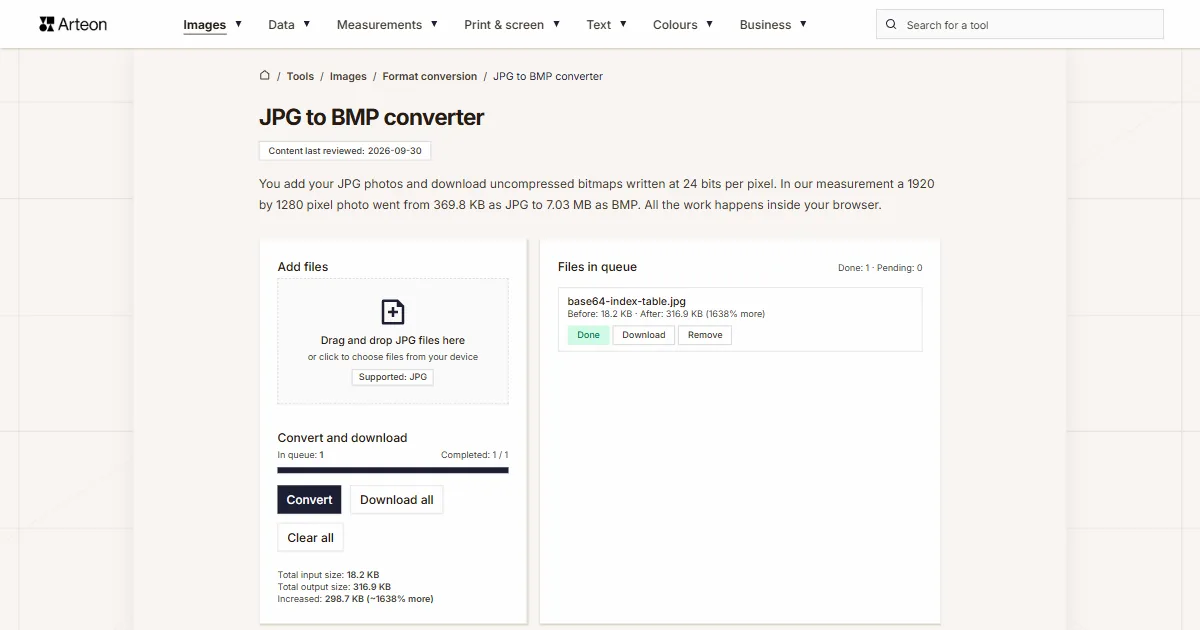 Arteon free tool screenshot: JPG to BMP converter