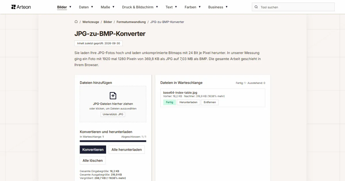 Screenshot des kostenlosen Arteon-Werkzeugs: JPG-zu-BMP-Konverter
