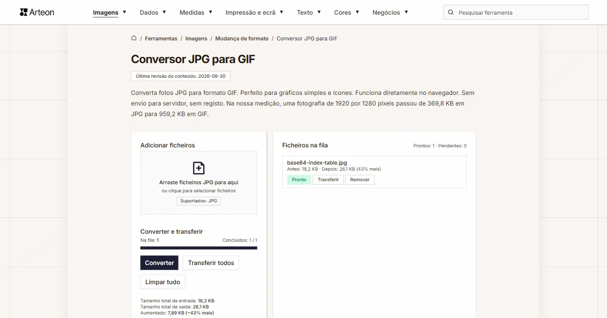 Captura de ecrã da ferramenta gratuita da Arteon: Conversor JPG para GIF
