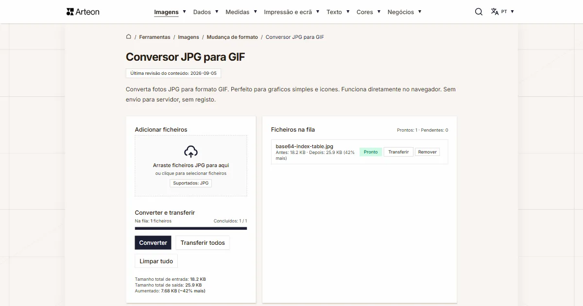 Captura de ecrã da ferramenta gratuita da Arteon: Conversor JPG para GIF