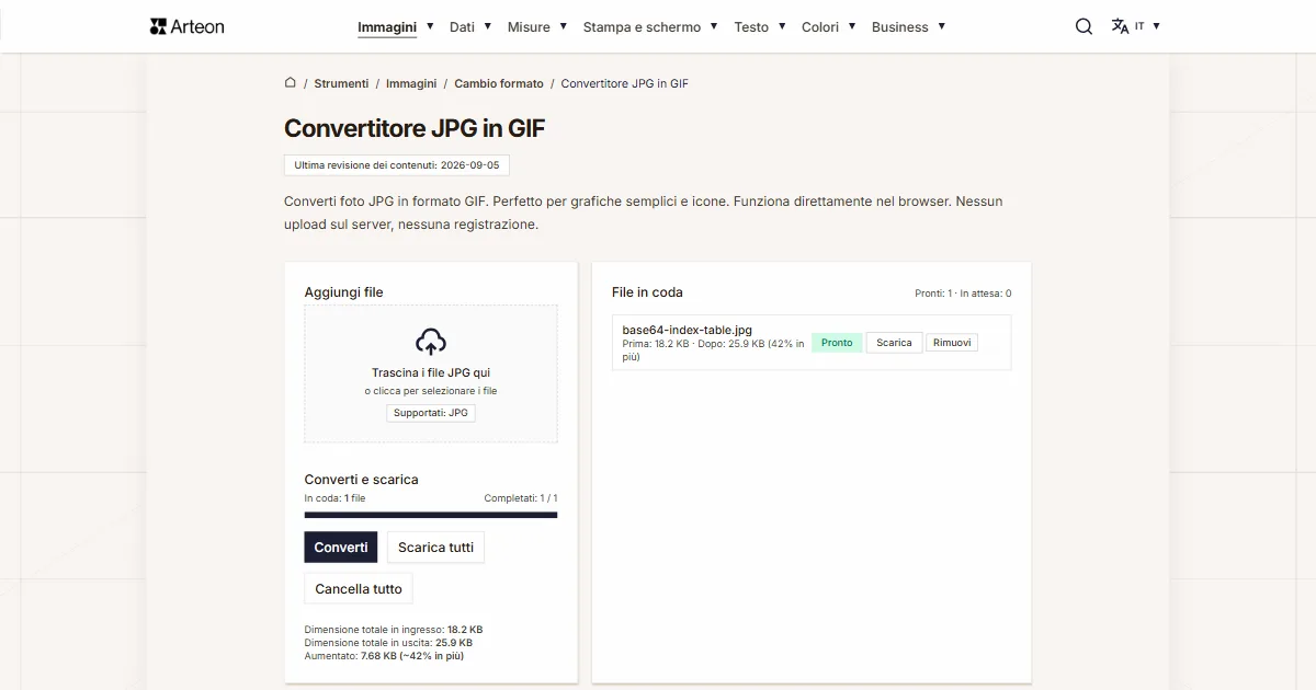 Screenshot dello strumento gratuito Arteon: Convertitore JPG in GIF