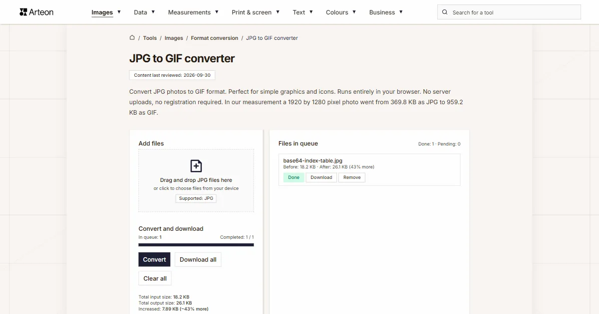 Arteon free tool screenshot: JPG to GIF converter