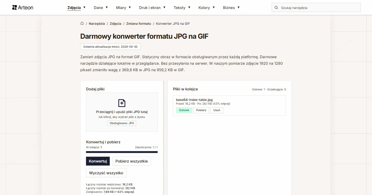 Zrzut ekranu darmowego narzędzia Arteon: Darmowy konwerter formatu JPG na GIF