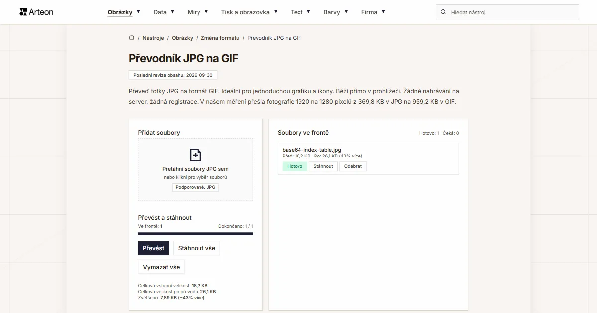 Snímek obrazovky bezplatného nástroje Arteon: Převodník JPG na GIF