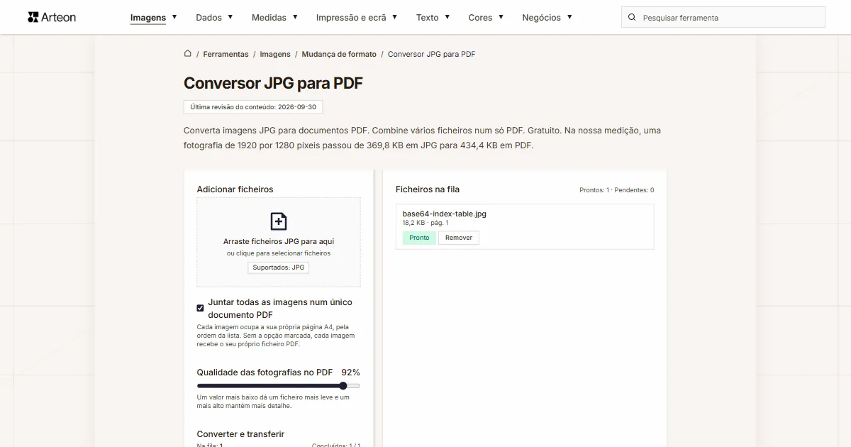 Captura de ecrã da ferramenta gratuita da Arteon: Conversor JPG para PDF