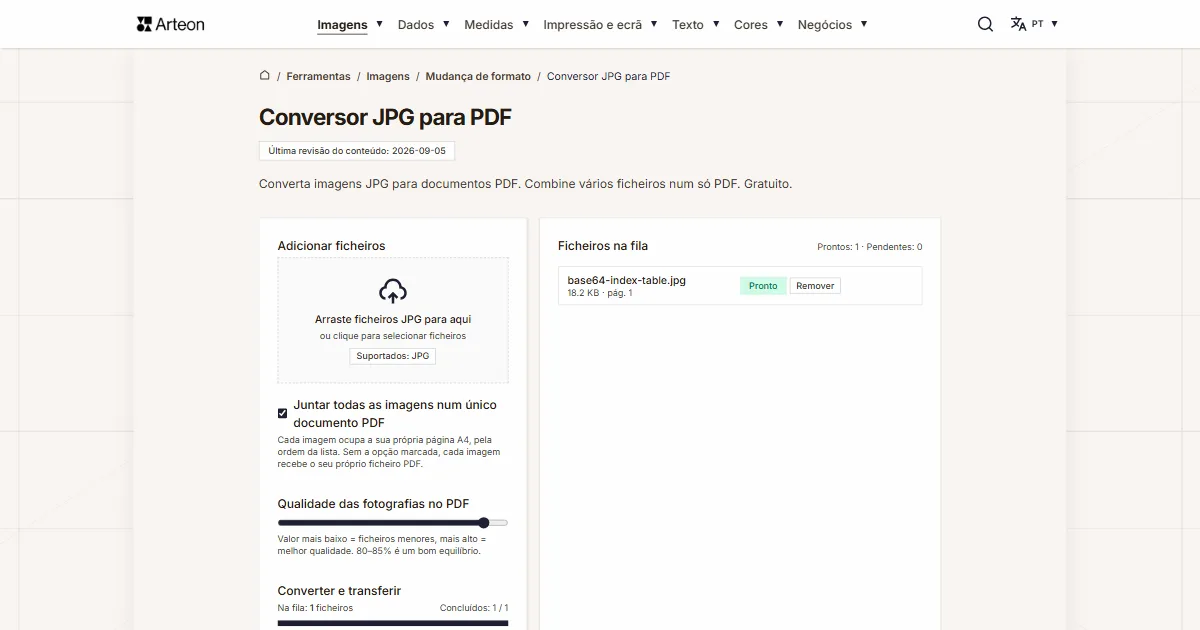 Captura de ecrã da ferramenta gratuita da Arteon: Conversor JPG para PDF