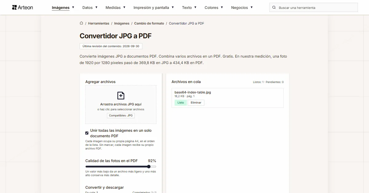 Captura de pantalla de la herramienta gratuita de Arteon: Convertidor JPG a PDF