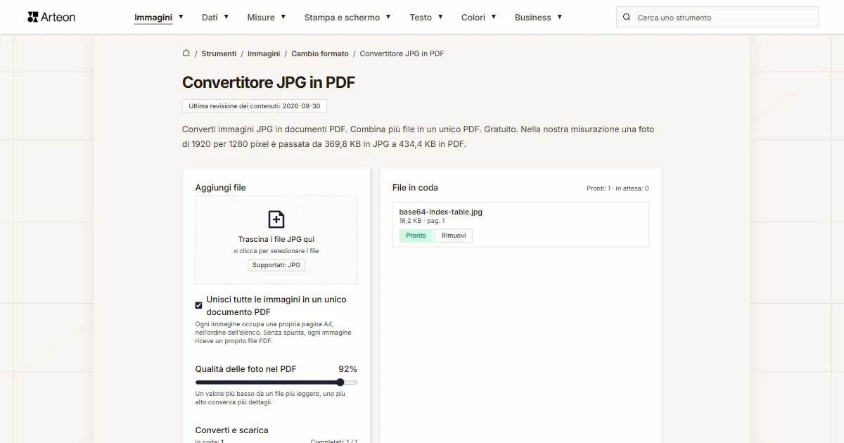 Screenshot dello strumento gratuito Arteon: Convertitore JPG in PDF