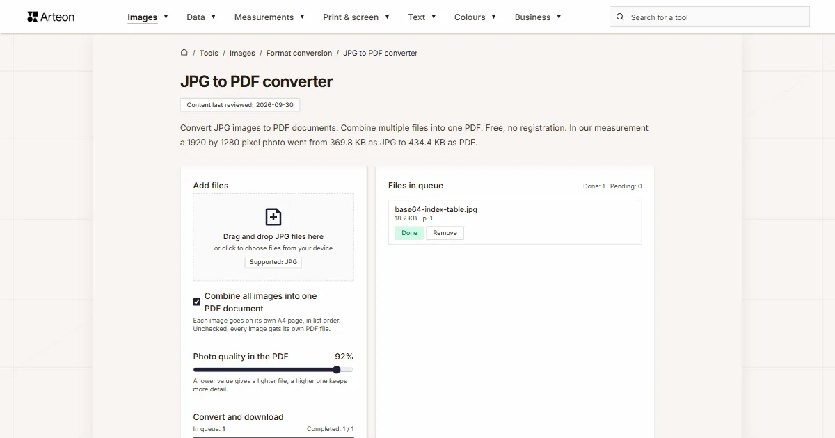 Arteon free tool screenshot: JPG to PDF converter