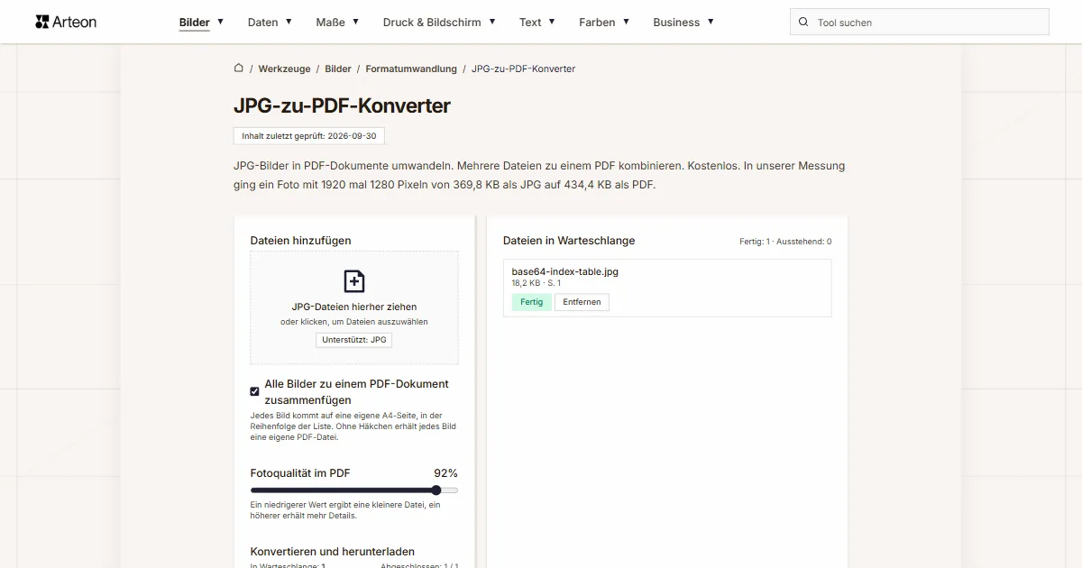 Screenshot des kostenlosen Arteon-Werkzeugs: JPG-zu-PDF-Konverter