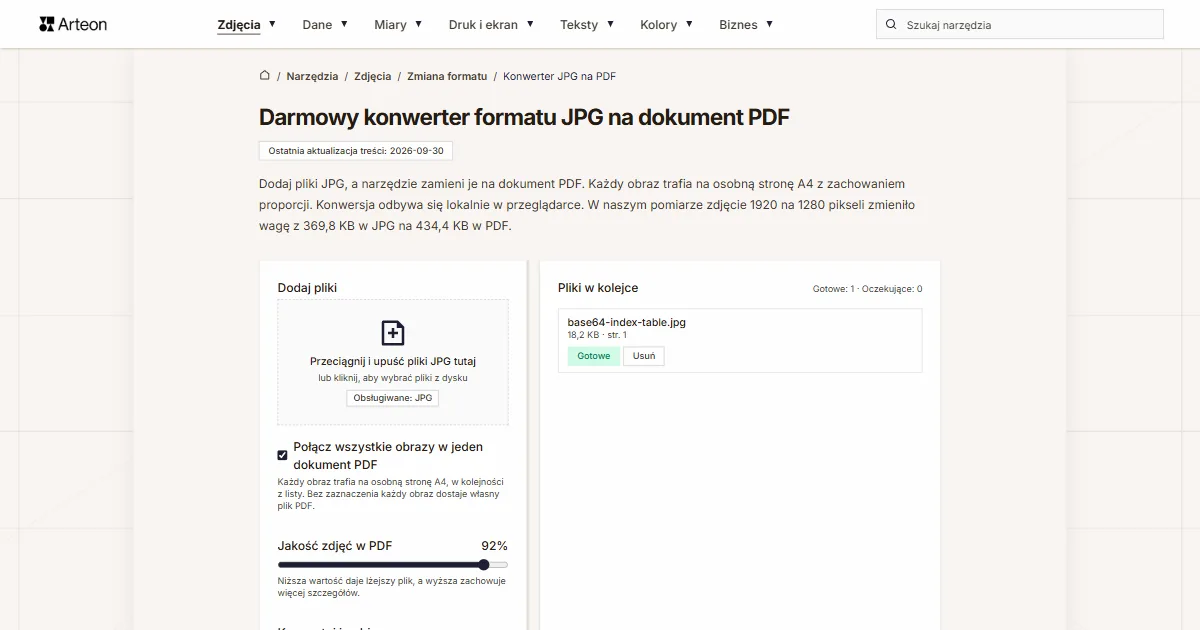 Zrzut ekranu darmowego narzędzia Arteon: Darmowy konwerter formatu JPG na dokument PDF