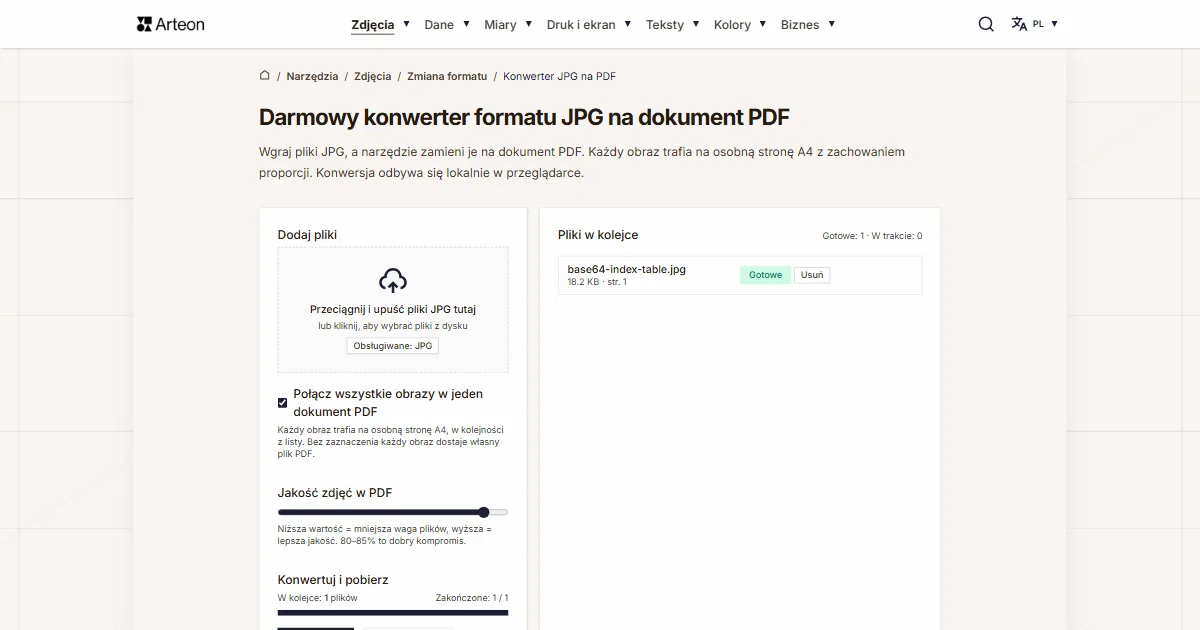 Zrzut ekranu darmowego narzędzia Arteon: Darmowy konwerter formatu JPG na dokument PDF