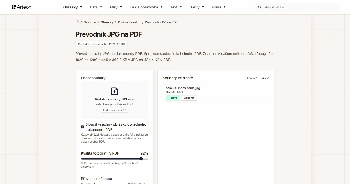 Snímek obrazovky bezplatného nástroje Arteon: Převodník JPG na PDF
