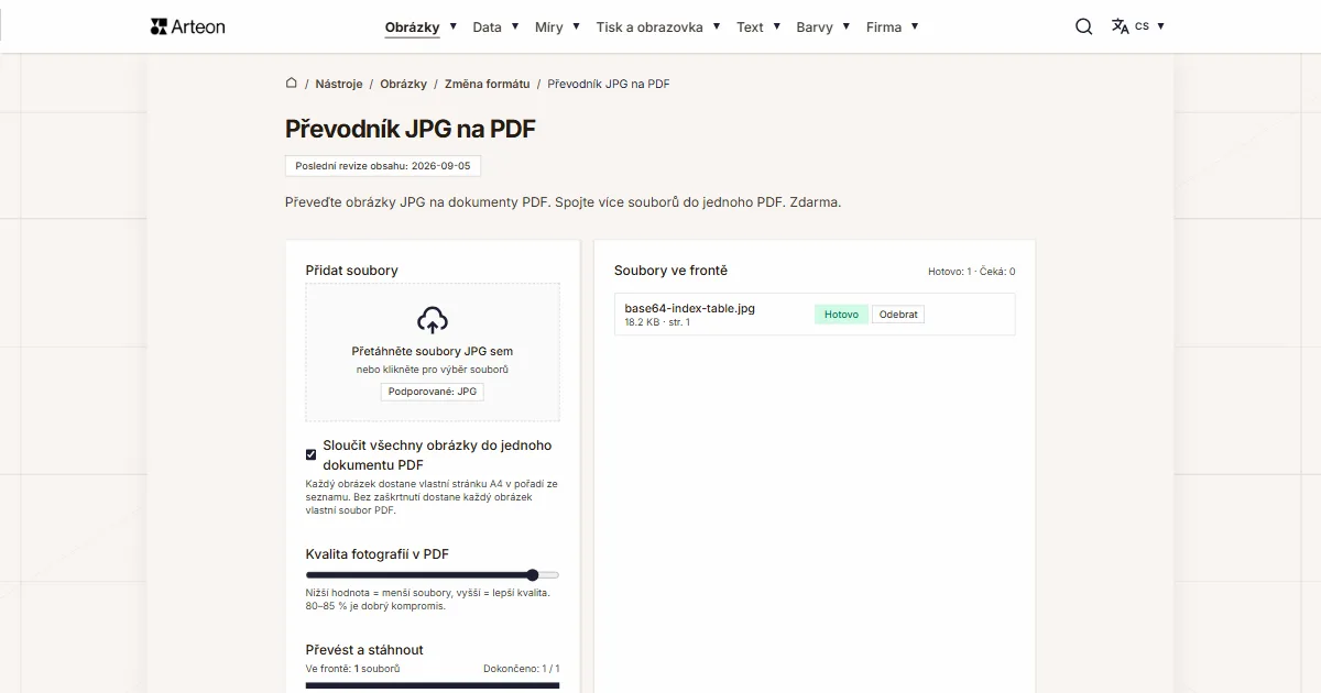 Snímek obrazovky bezplatného nástroje Arteon: Převodník JPG na PDF