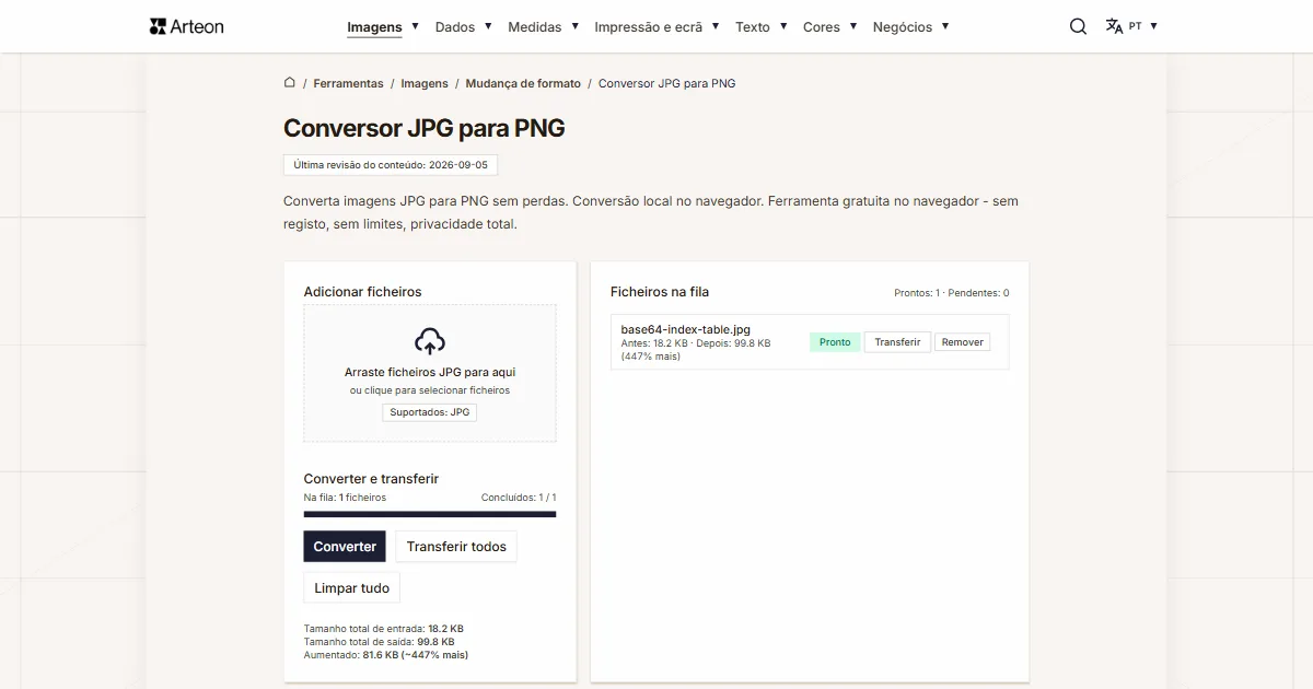 Captura de ecrã da ferramenta gratuita da Arteon: Conversor JPG para PNG