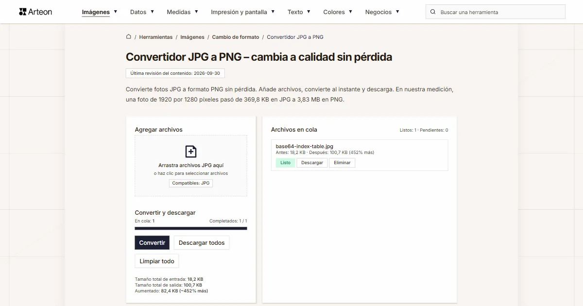 Captura de pantalla de la herramienta gratuita de Arteon: Convertidor JPG a PNG – cambia a calidad sin pérdida