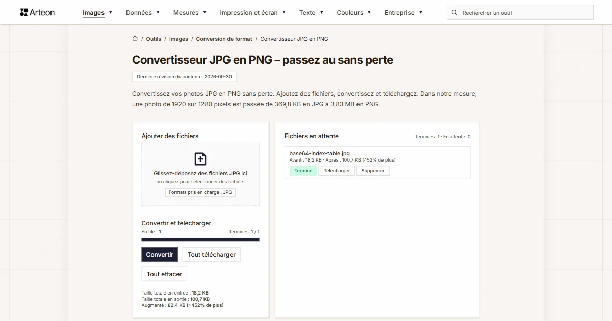 Capture d'écran de l'outil gratuit d'Arteon: Convertisseur JPG en PNG – passez au sans perte