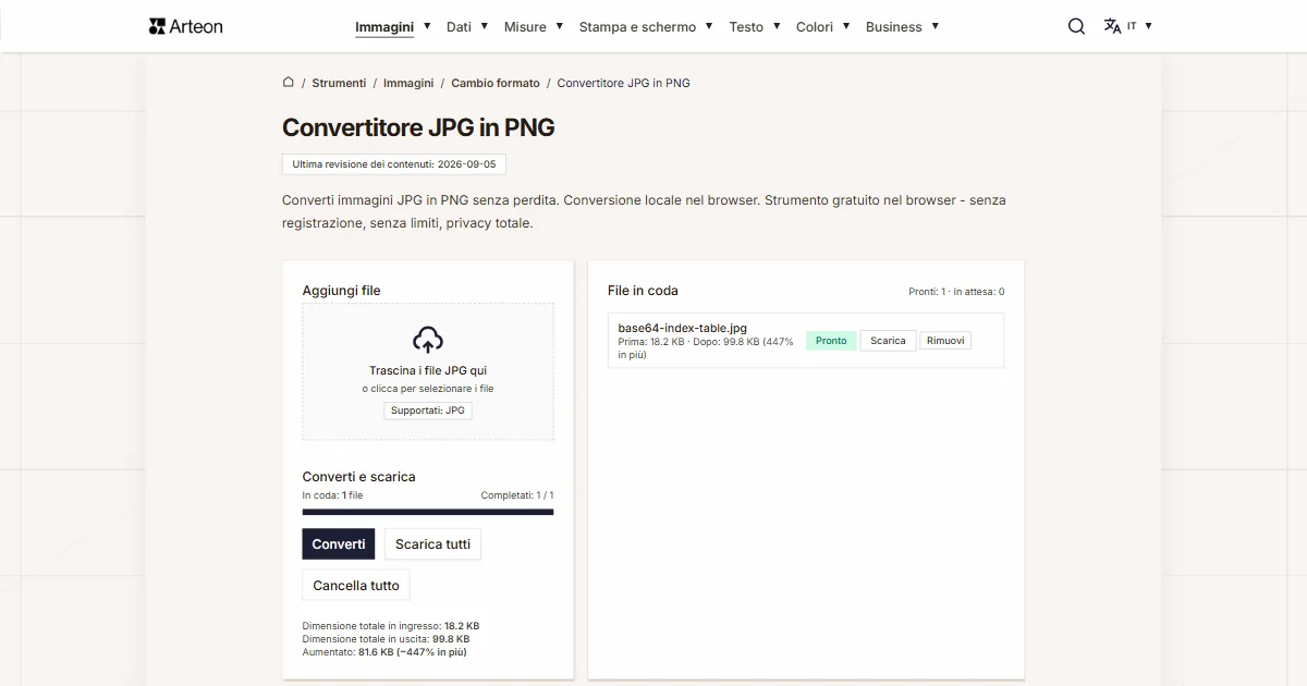 Screenshot dello strumento gratuito Arteon: Convertitore JPG in PNG