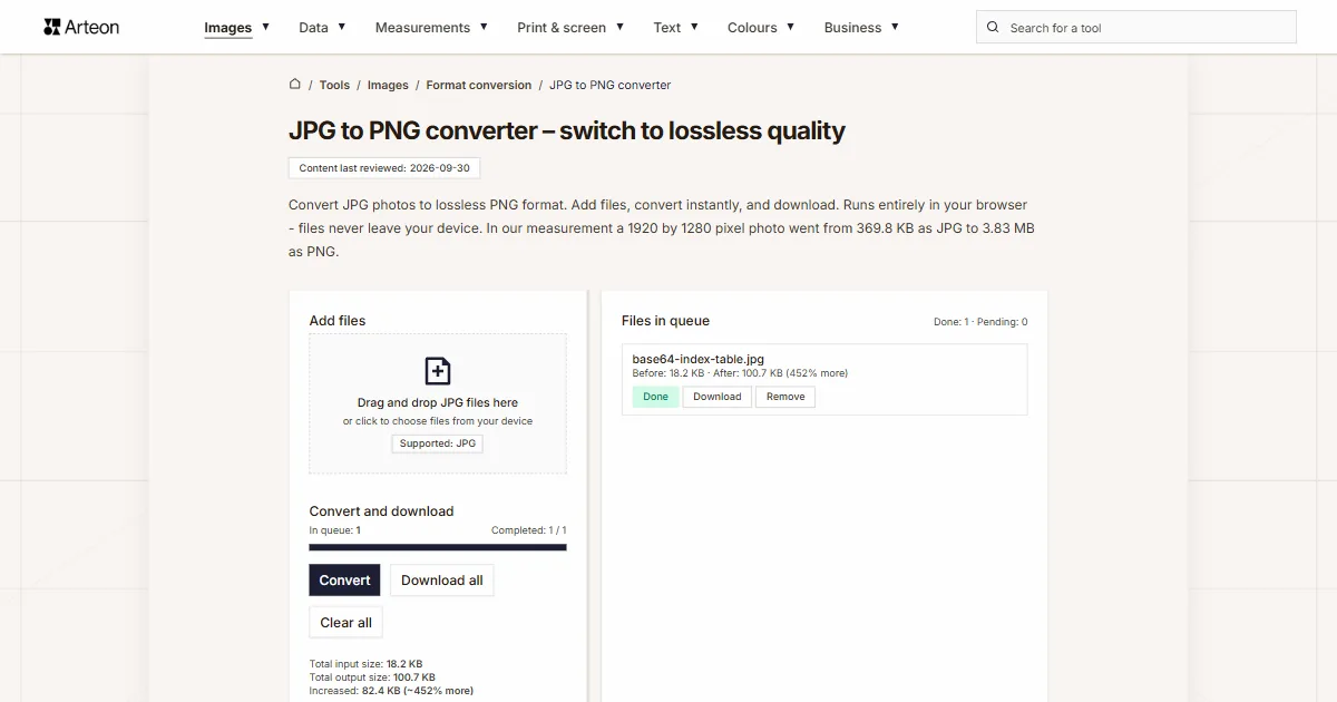 Arteon free tool screenshot: JPG to PNG converter – switch to lossless quality