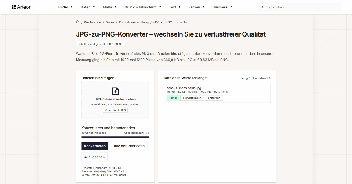 Screenshot des kostenlosen Arteon-Werkzeugs: JPG-zu-PNG-Konverter – wechseln Sie zu verlustfreier Qualität