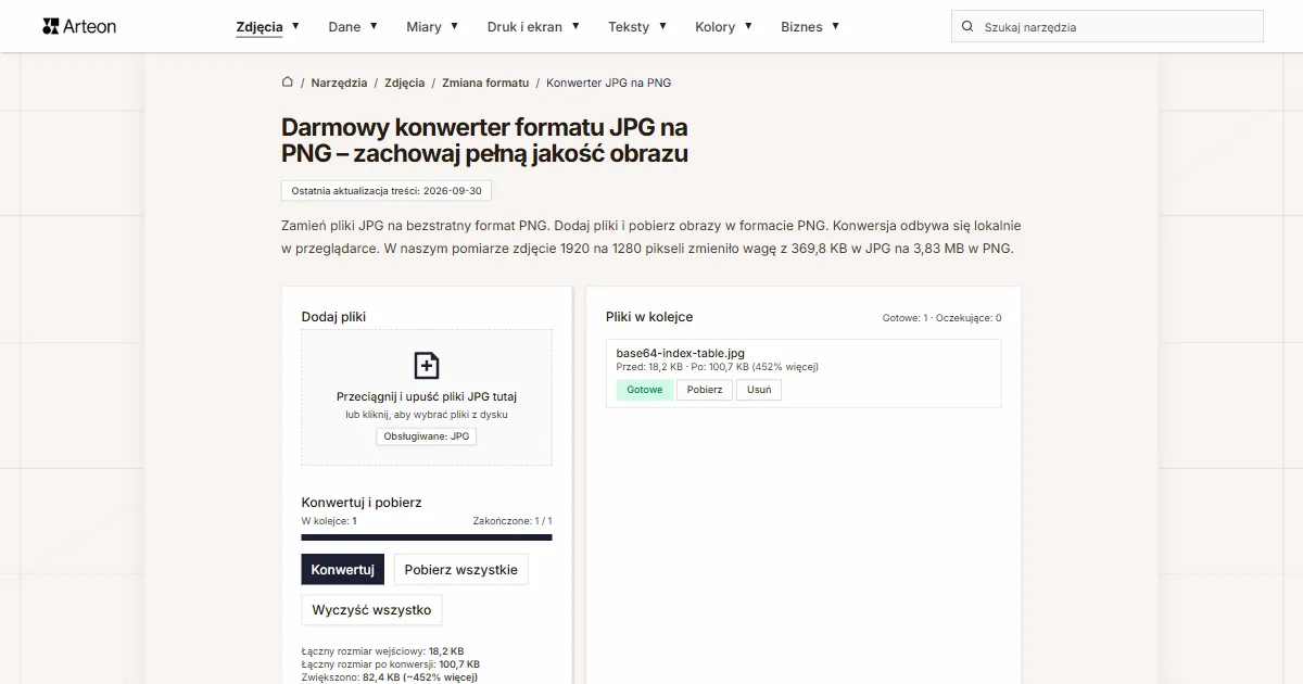 Zrzut ekranu darmowego narzędzia Arteon: Darmowy konwerter formatu JPG na PNG – zachowaj pełną jakość obrazu