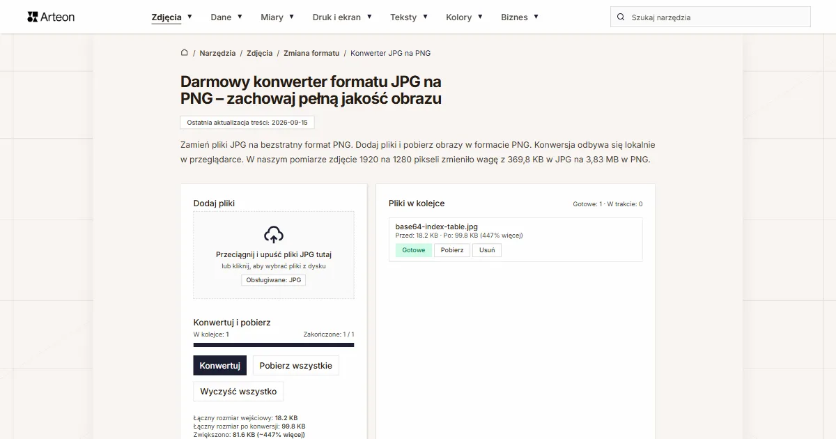 Zrzut ekranu darmowego narzędzia Arteon: Darmowy konwerter formatu JPG na PNG – zachowaj pełną jakość obrazu