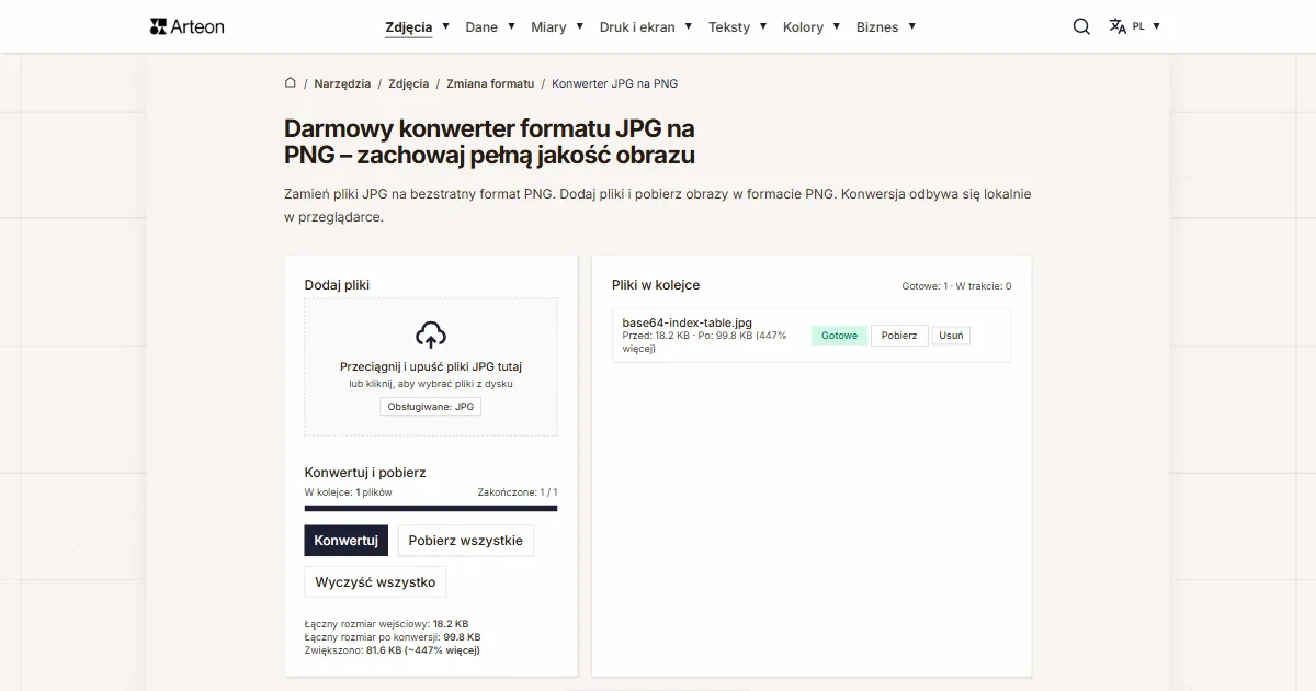Zrzut ekranu darmowego narzędzia Arteon: Darmowy konwerter formatu JPG na PNG – zachowaj pełną jakość obrazu