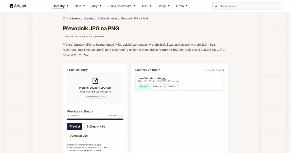 Snímek obrazovky bezplatného nástroje Arteon: Převodník JPG na PNG