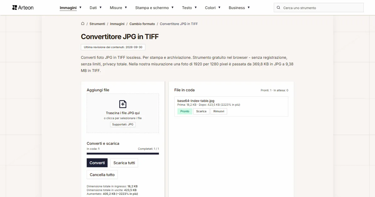 Screenshot dello strumento gratuito Arteon: Convertitore JPG in TIFF