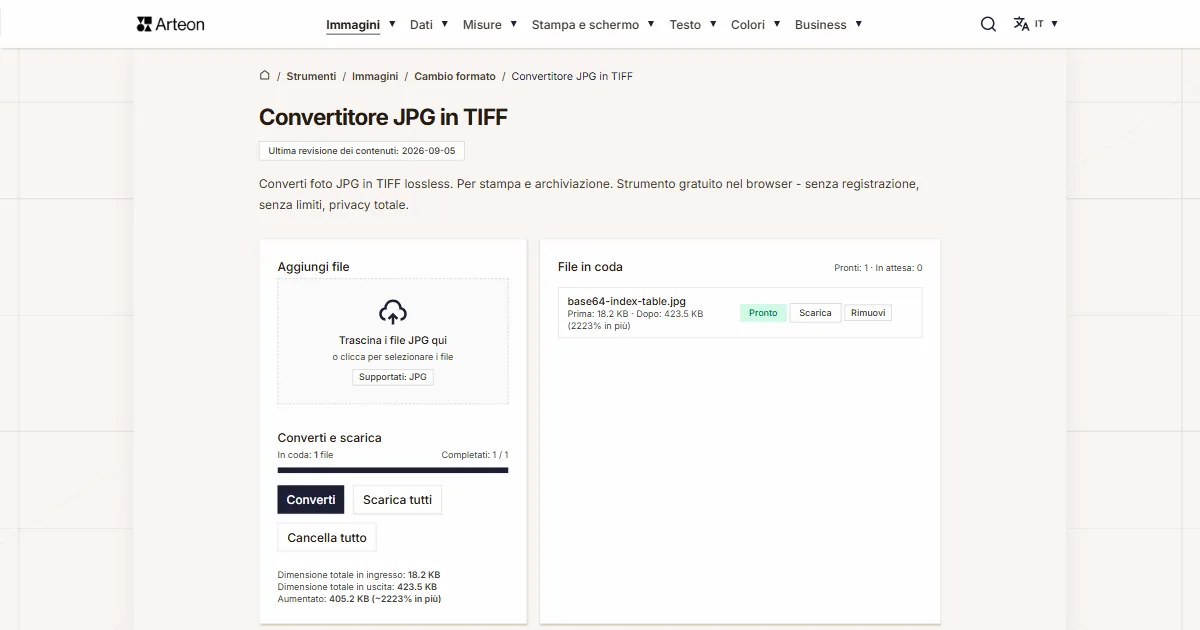 Screenshot dello strumento gratuito Arteon: Convertitore JPG in TIFF