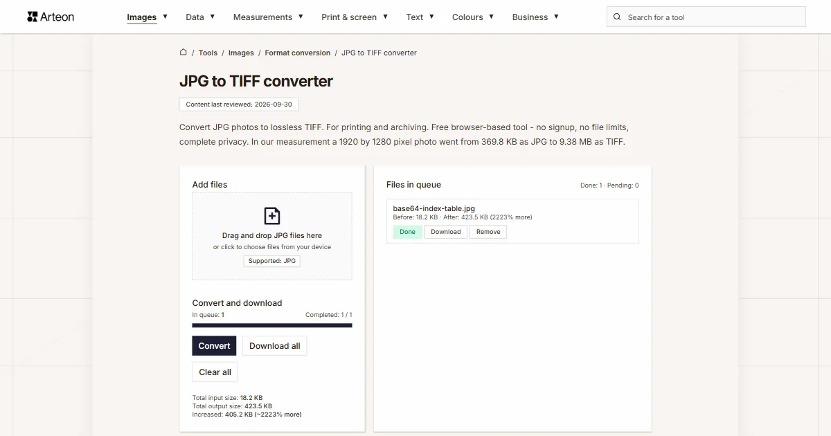 Arteon free tool screenshot: JPG to TIFF converter