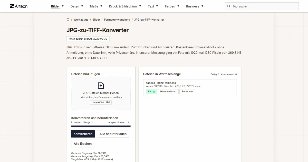 Screenshot des kostenlosen Arteon-Werkzeugs: JPG-zu-TIFF-Konverter