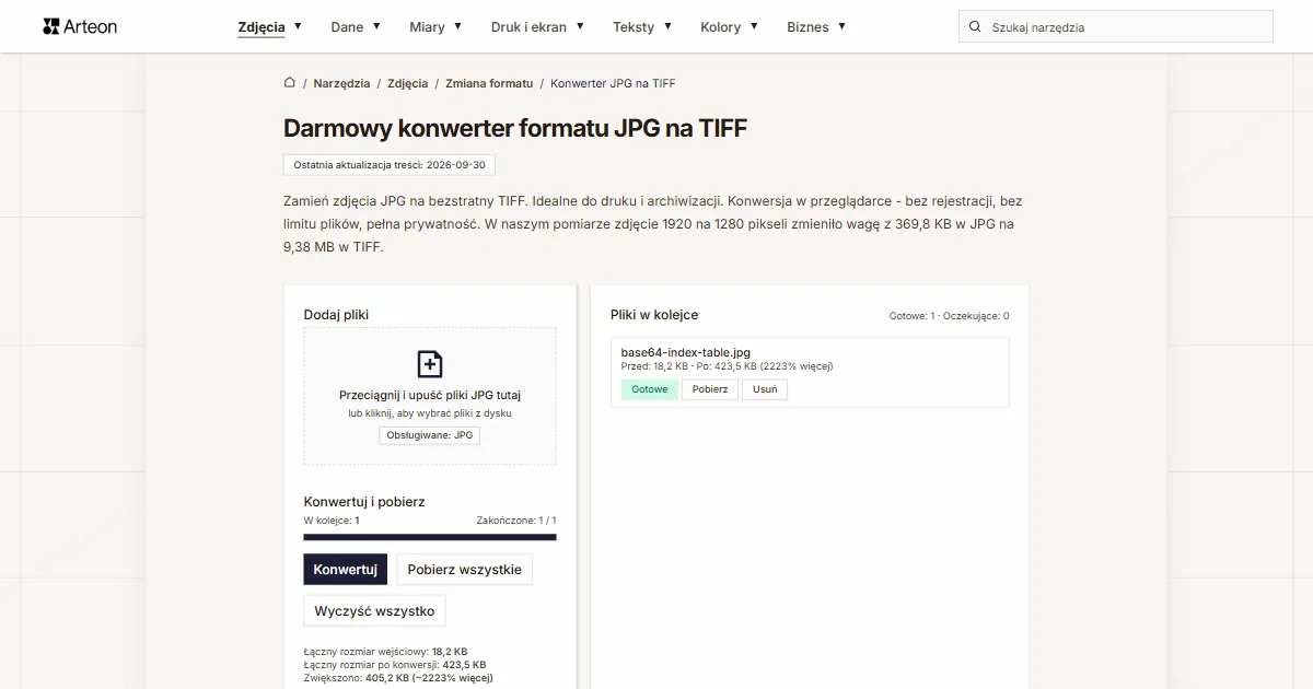 Zrzut ekranu darmowego narzędzia Arteon: Darmowy konwerter formatu JPG na TIFF
