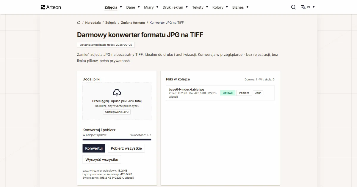 Zrzut ekranu darmowego narzędzia Arteon: Darmowy konwerter formatu JPG na TIFF