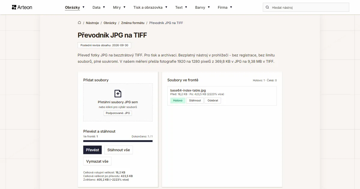 Snímek obrazovky bezplatného nástroje Arteon: Převodník JPG na TIFF