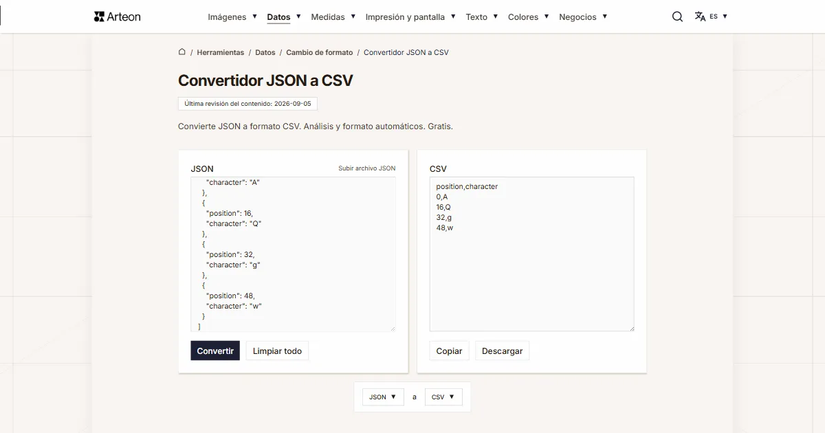 Captura de pantalla de la herramienta gratuita de Arteon: Convertidor JSON a CSV