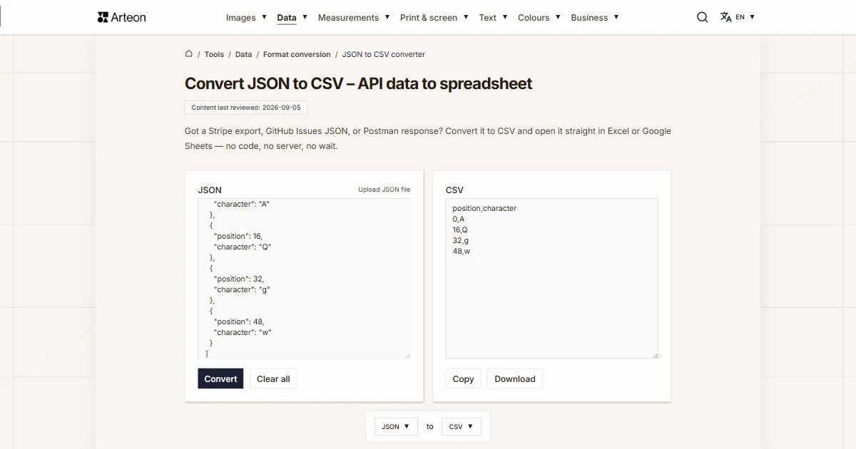 Arteon free tool screenshot: Convert JSON to CSV – API data to spreadsheet