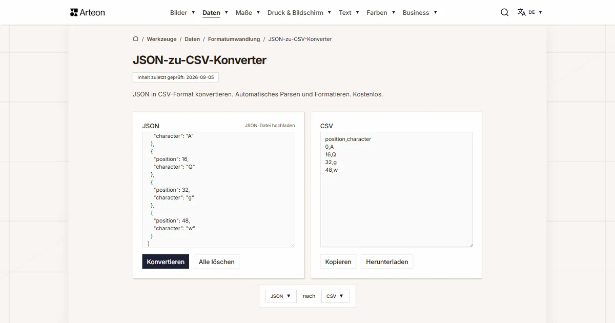 Screenshot des kostenlosen Arteon-Werkzeugs: JSON-zu-CSV-Konverter