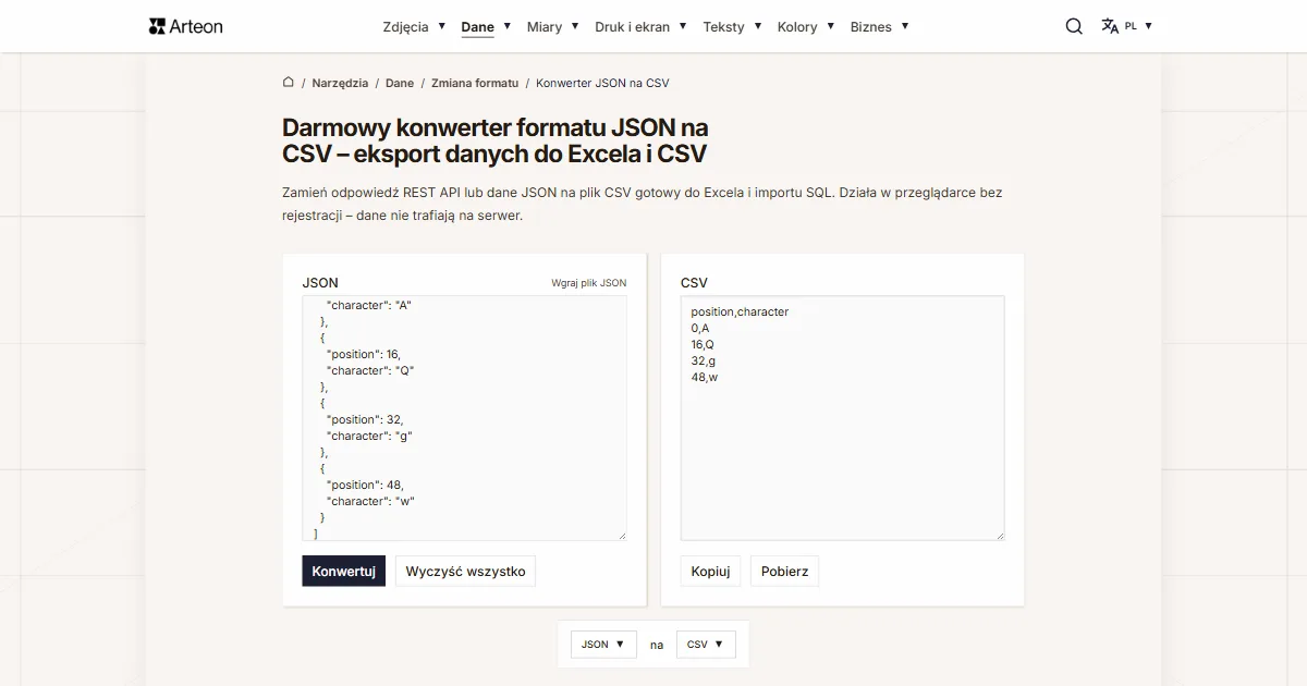 Zrzut ekranu darmowego narzędzia Arteon: Darmowy konwerter formatu JSON na CSV – eksport danych do Excela i CSV