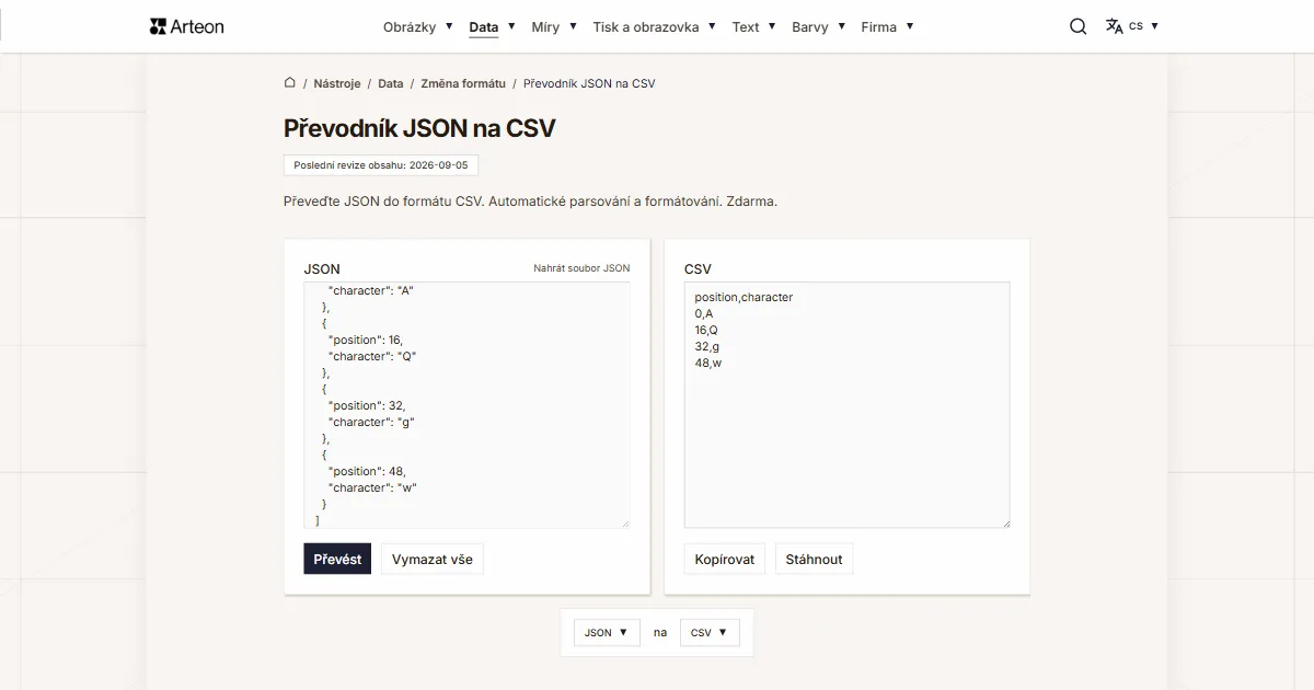 Snímek obrazovky bezplatného nástroje Arteon: Převodník JSON na CSV