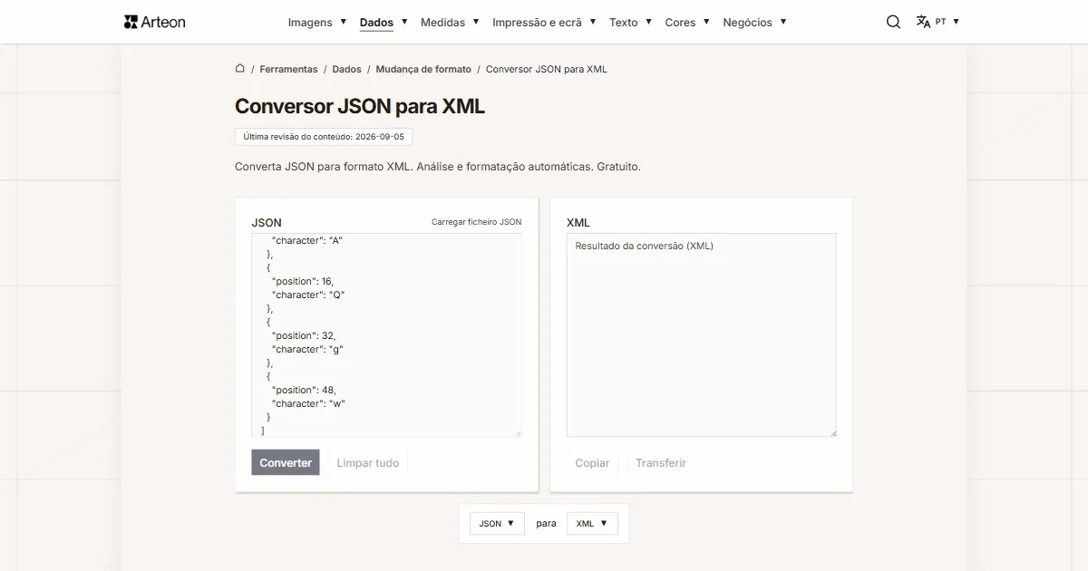 Captura de ecrã da ferramenta gratuita da Arteon: Conversor JSON para XML
