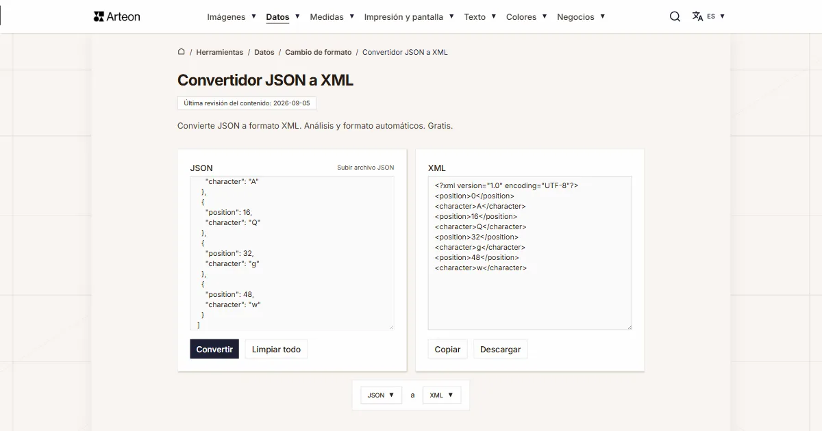 Captura de pantalla de la herramienta gratuita de Arteon: Convertidor JSON a XML
