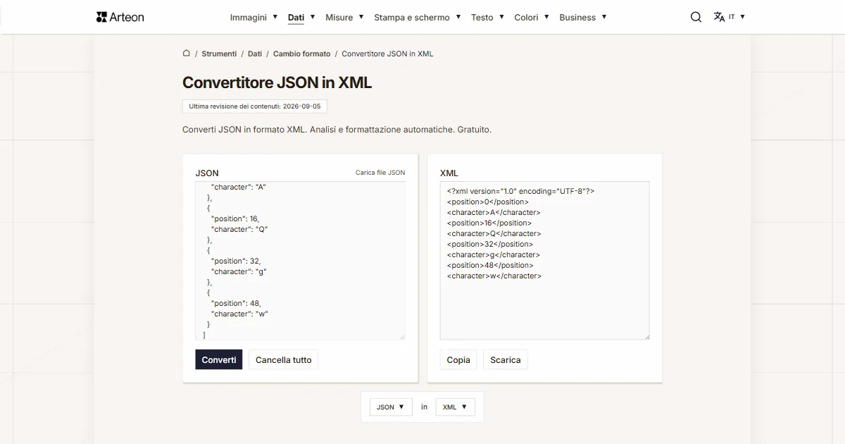 Screenshot dello strumento gratuito Arteon: Convertitore JSON in XML