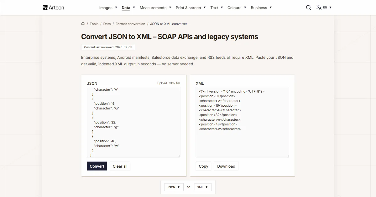 Arteon free tool screenshot: Convert JSON to XML – SOAP APIs and legacy systems