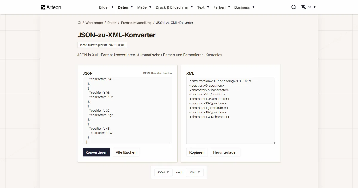 Screenshot des kostenlosen Arteon-Werkzeugs: JSON-zu-XML-Konverter