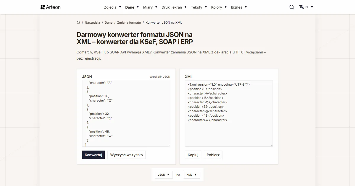 Zrzut ekranu darmowego narzędzia Arteon: Darmowy konwerter formatu JSON na XML – konwerter dla KSeF, SOAP i ERP