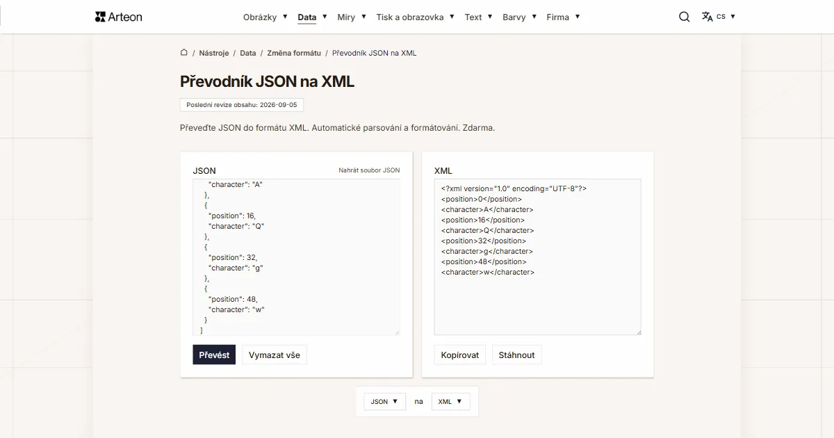 Snímek obrazovky bezplatného nástroje Arteon: Převodník JSON na XML